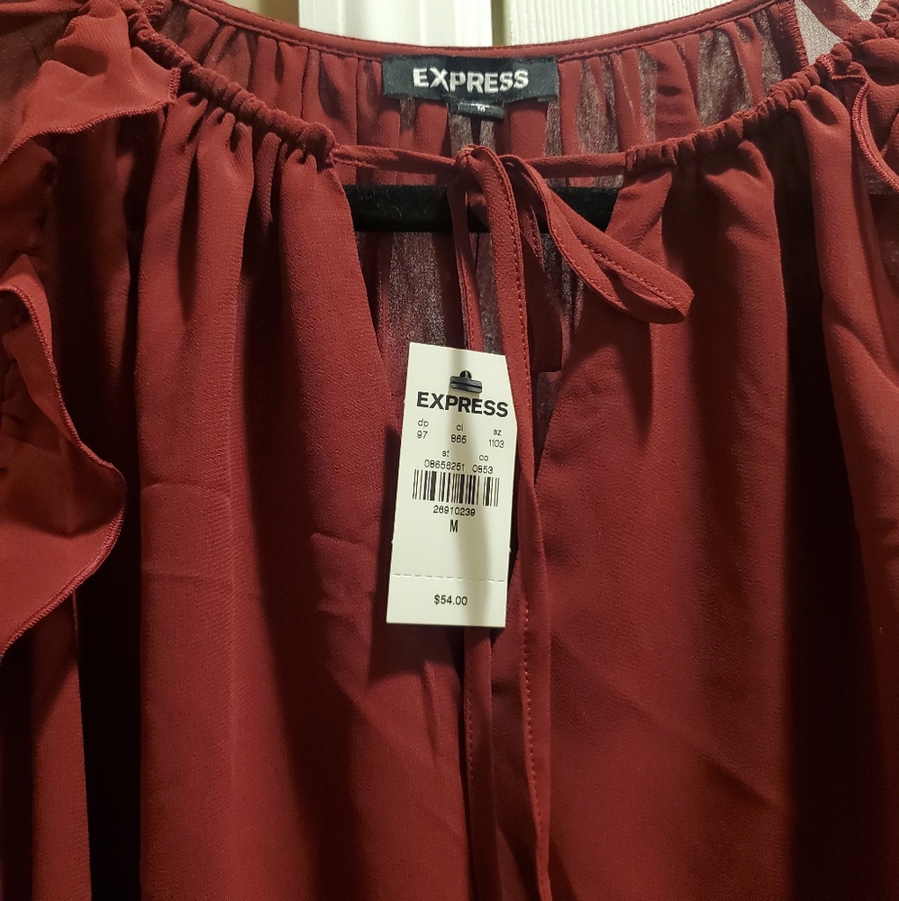 Express Sheer Sleeve Ruffle Shoulder Top Color burgundy Size M